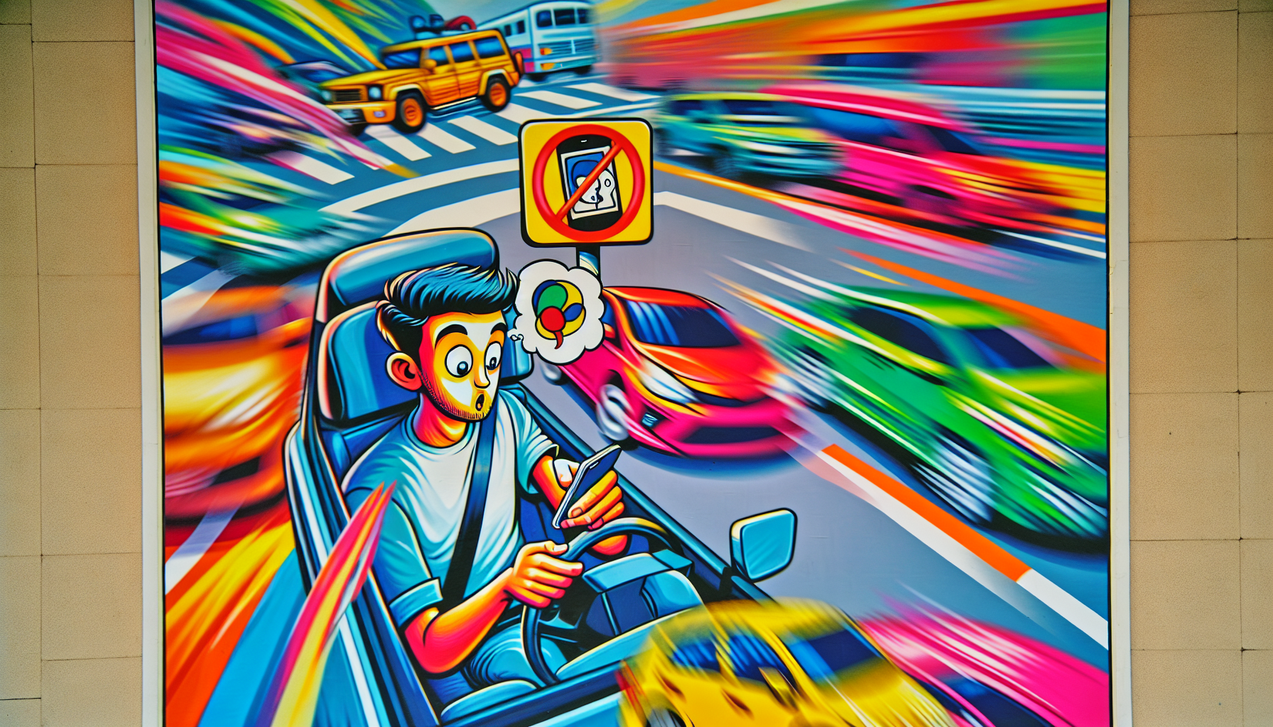 A cartoon illustrating distracted driving laws with a focus on a driver using a phone.