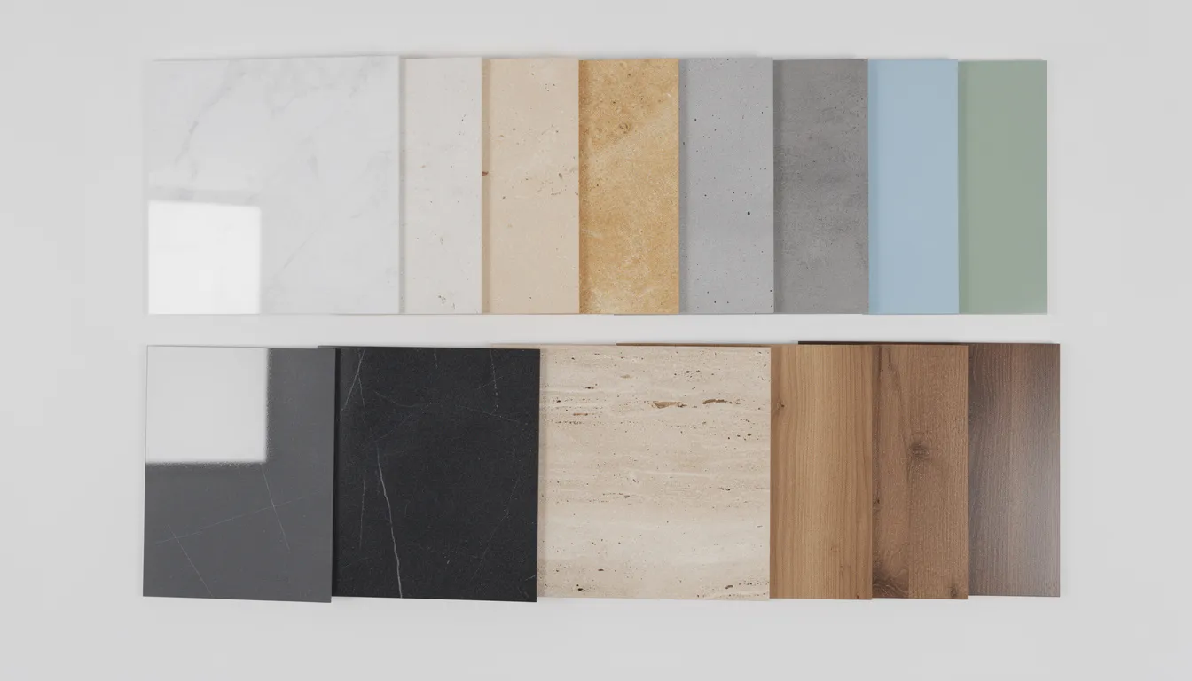 The image displays an array of bathroom wall panel samples in various colors and textures, showcasing different finishes ideal for a bathroom remodel. These samples highlight options that can enhance the style and design of spaces, making them suitable for renovations involving walk-in showers or new tub installations.