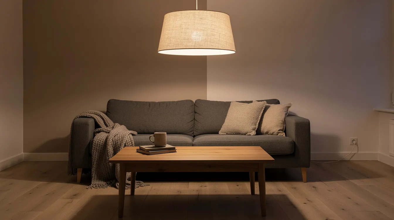 Ett mysigt vardagsrum där en stor tygpendel hänger från taket och sprider ett varmt ljus över en grå soffa och ett träbord. Rummet har en inbjudande atmosfär med mjuka färger och tyglampor som skapar en behaglig belysning.