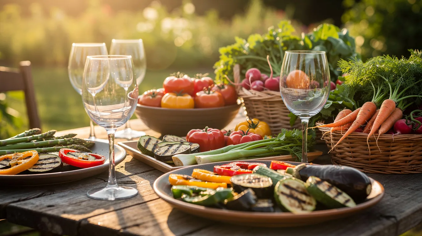 An outdoor table is beautifully set with elegant wine glasses and an array of colorful farm-fresh produce, including grilled vegetables, all bathed in the warm glow of late afternoon light. This inviting scene captures the essence of California wine country, perfect for wine enthusiasts looking to savor vibrant white wines like Sauvignon Blanc or Chenin Blanc alongside delicious grilled meats.