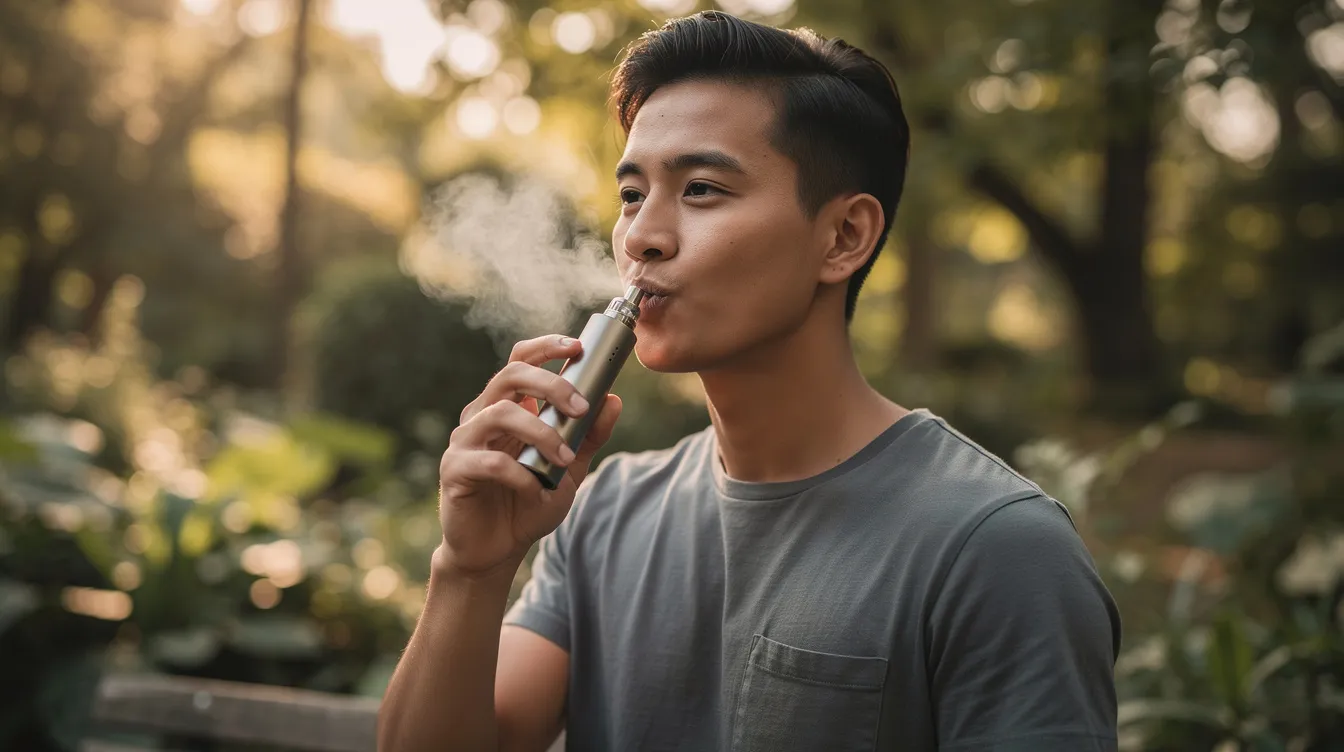 A person is using a handheld vaporizer device in a natural outdoor setting, enjoying the benefits of smoke-free cannabis consumption. This scene reflects the rising popularity of portable vaporizers, which are favored by health-conscious consumers for their precise temperature control and enhanced vapor quality.