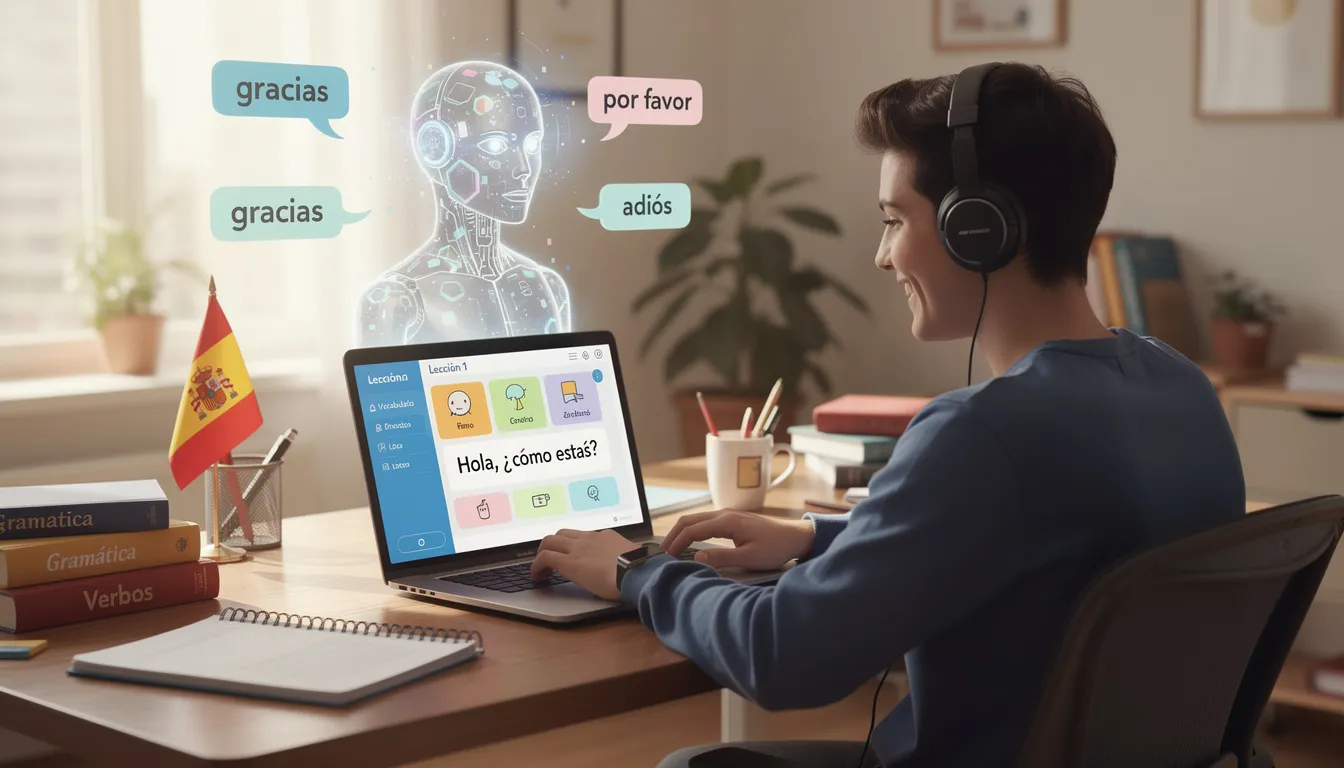 Görüntüde, İspanyolca öğrenmek için dijital bir platformun tanıtımı yer alıyor. Kullanıcılar, Google gibi araçlarla ücretsiz ve etkili bir şekilde bilgi edinerek, İspanyolca becerilerini geliştirmek için yeni yöntemler keşfediyor.