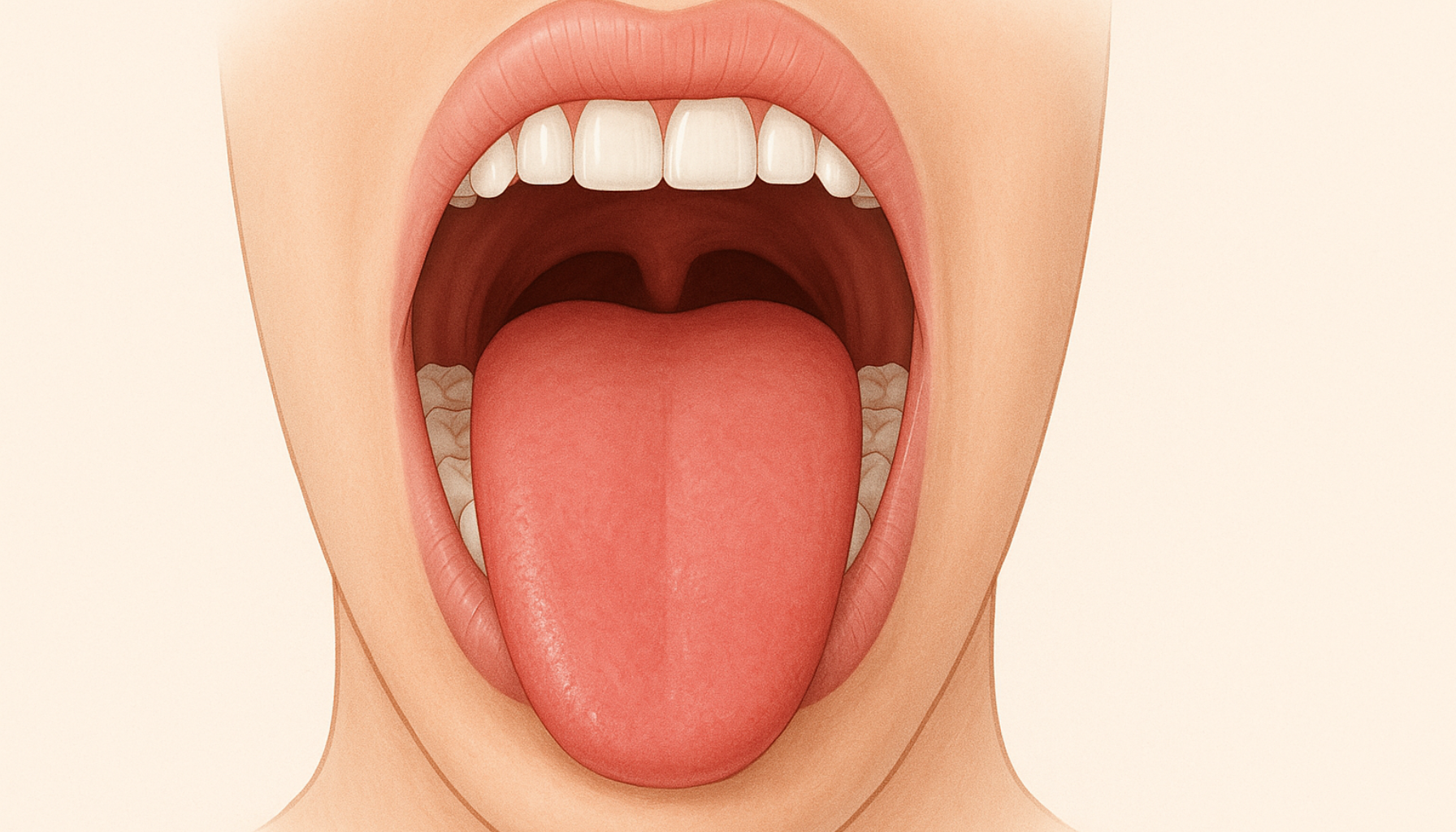 Nærbilde av rød, hoven og sår tunge som viser tegn på jernmangel i kroppen.