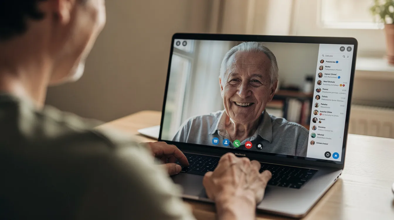 Na obrazku widzimy osobę rozmawiającą przez wideorozmowę na laptopie, z uśmiechniętym starszym mężczyzną na ekranie. To idealny moment na wsp&oacute;lne chwile, kt&oacute;re można celebrować w szczeg&oacute;lny spos&oacute;b, zwłaszcza w kontekście zbliżającego się dnia ojca.