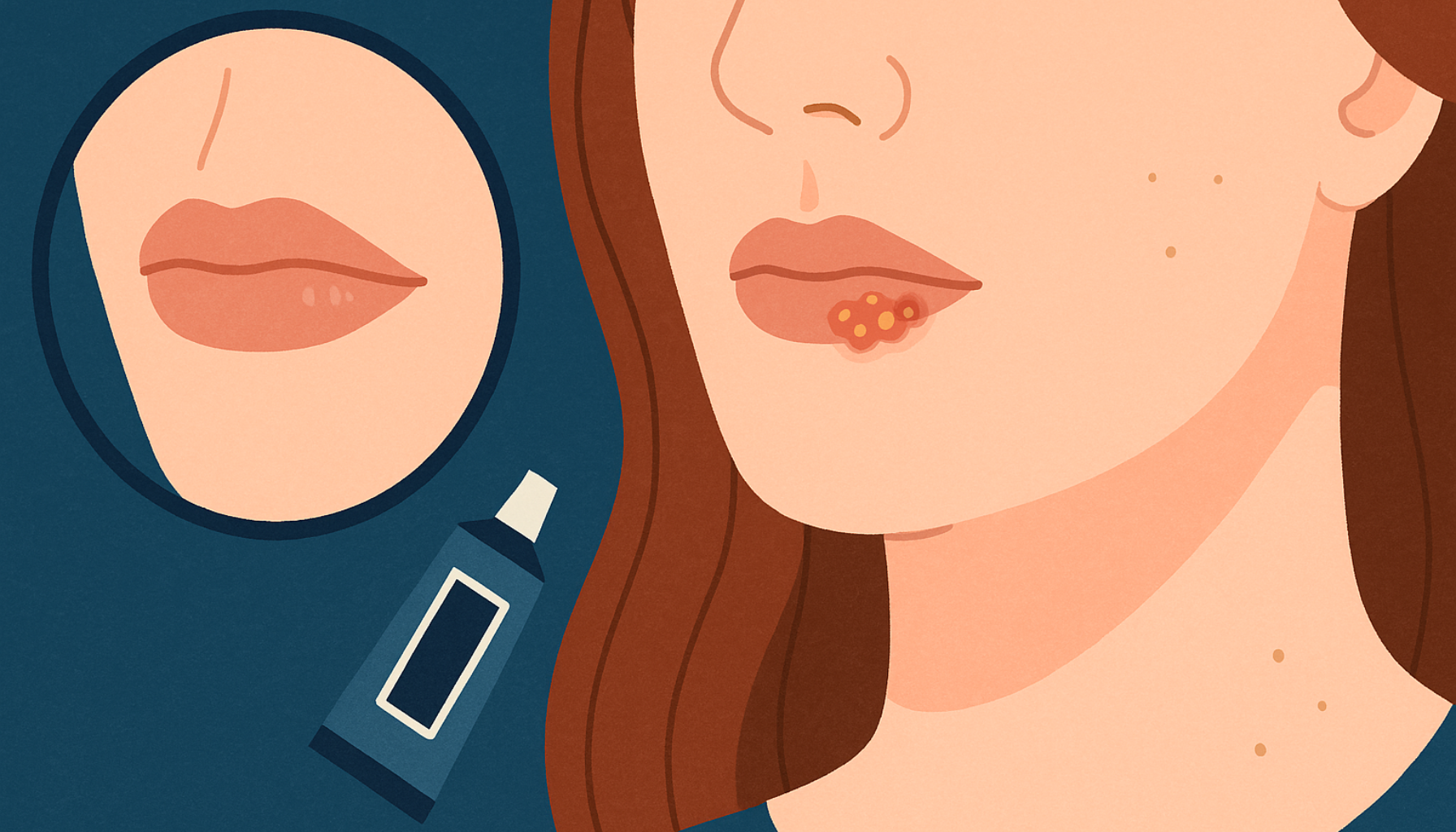 Nærbilde av kvinne med munnsår på leppen, forstørret visning og salvetube indikerer behandling av herpesutbrudd.