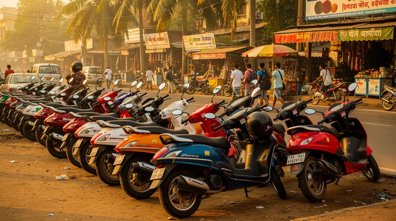 a59c5f43 d7d4 4561 b52c 0e7c0247bcc8 A fleet of vibrant rental motorcycles and scooters is neatly parked in a row at a bustling tourist destination in India, showcasing the growing demand for vehicle rentals among travelers. This scene highlights the appeal of profitable rental business ideas in the tourism sector.