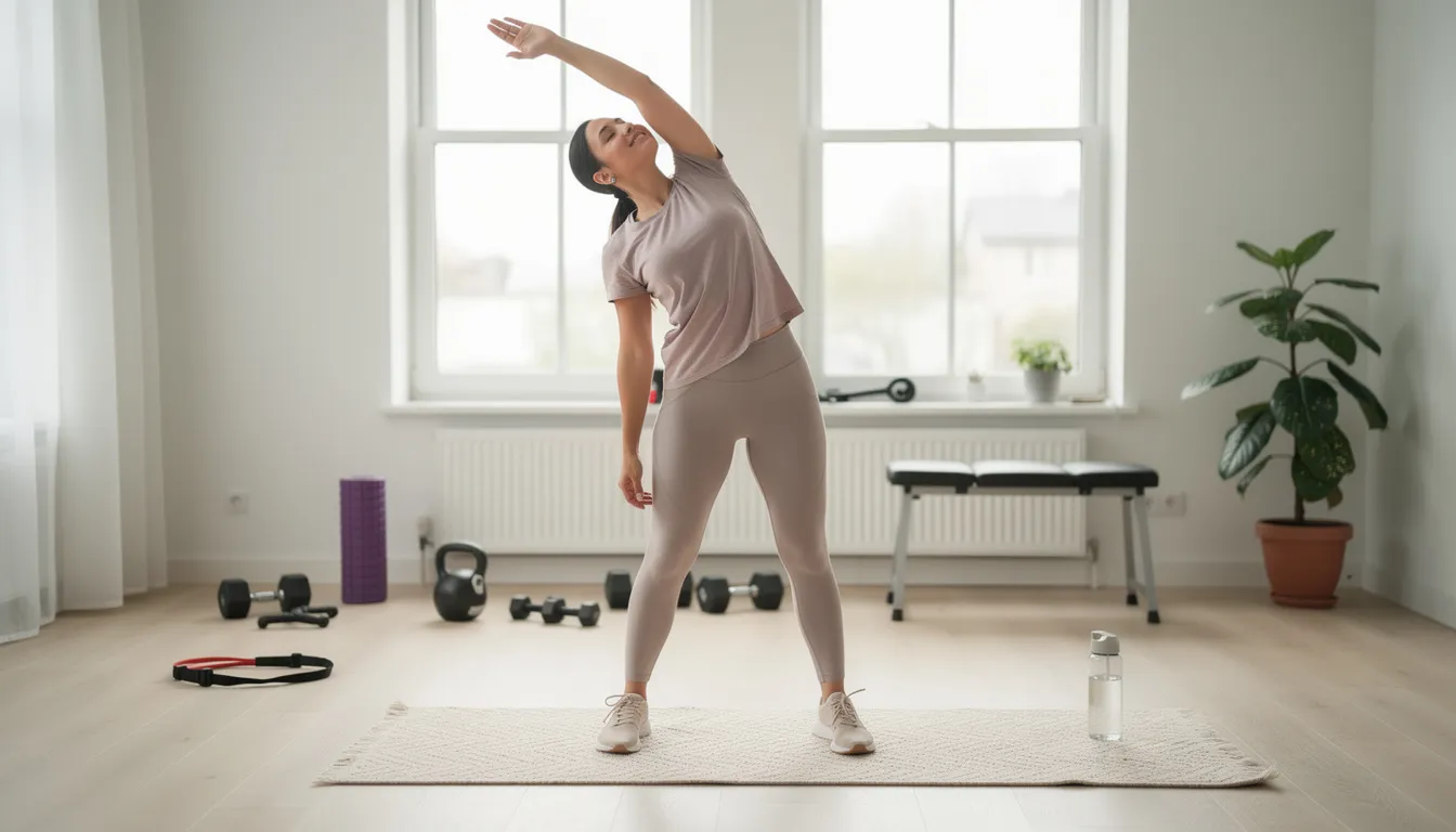 A person in comfortable athletic wear is performing light stretching exercises in a home gym, promoting muscle recovery and overall health. The warm environment contrasts with the potential benefits of cold exposure techniques like cold water immersion and ice baths, which can aid in reducing inflammation and improving cardiovascular health.