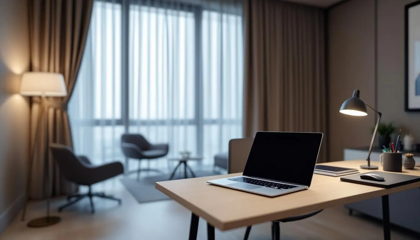 A modern hotel room features an ergonomic workspace with a laptop, providing a comfortable environment for both relaxation and productivity. This setup is ideal for guests looking for a memorable experience, whether for business or leisure, and can be part of enticing hotel packages that include nearby attractions and exclusive discounts.