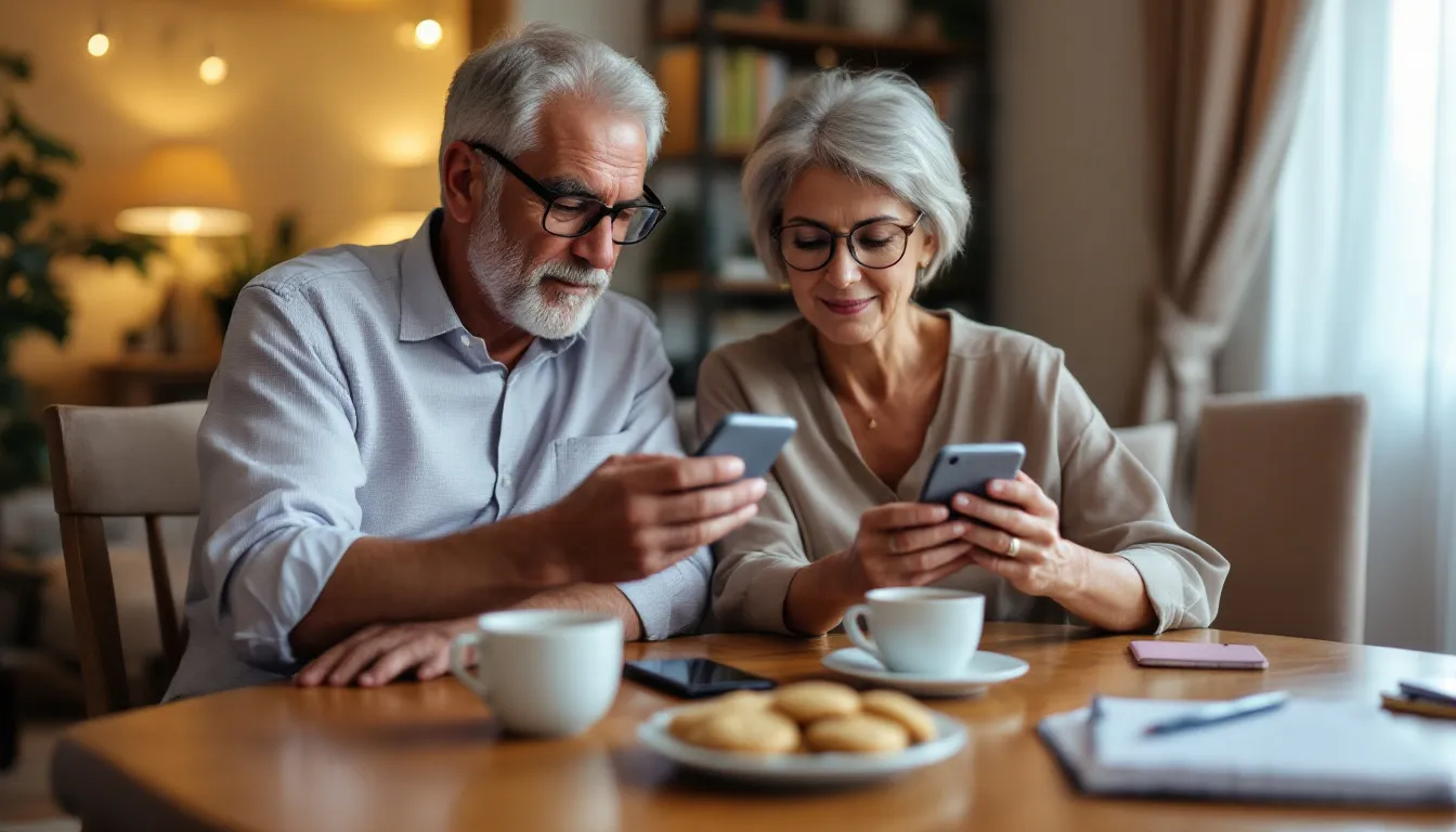 An elderly couple sits together at a table, closely examining various mobile phones as they discuss options for the best senior phone plan. They appear engaged in conversation about features like unlimited talk, text, and data, considering how to stay connected with affordable options.