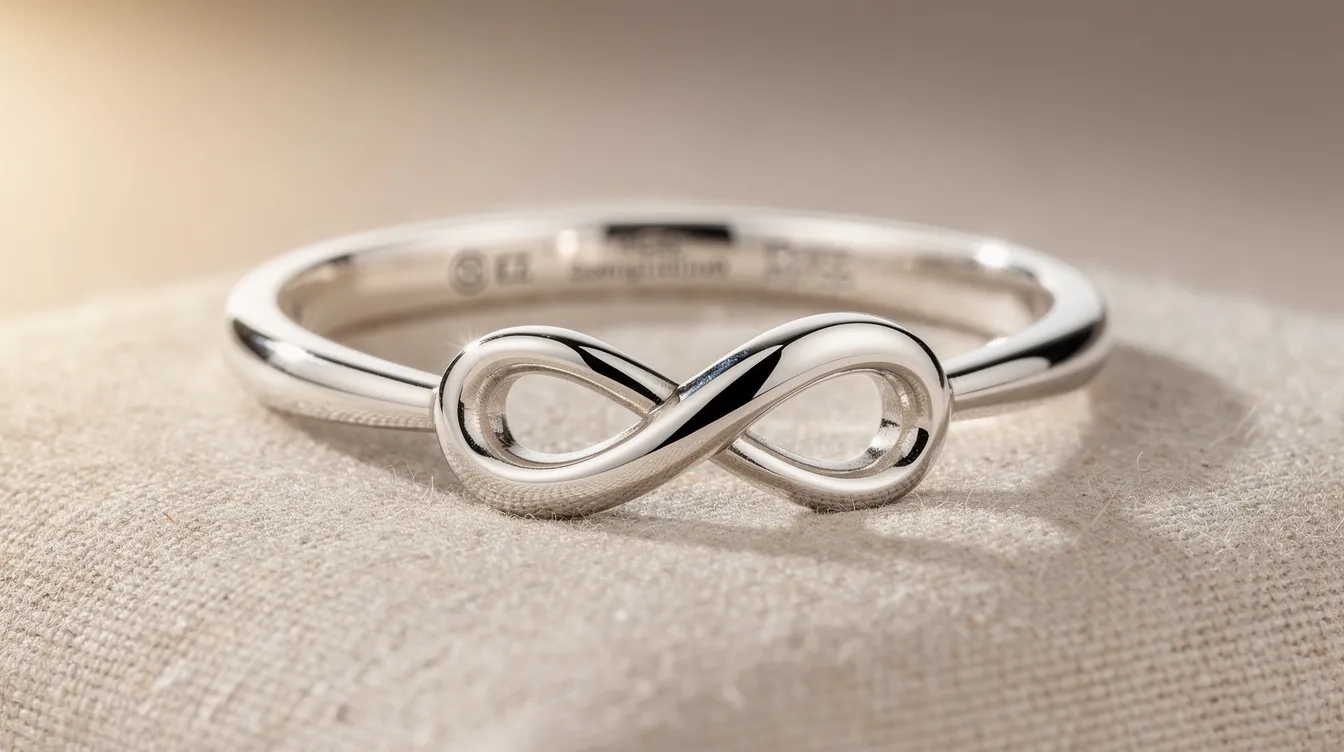 The image features a stunning infinity jewellery set made of polished sterling silver, showcasing the infinity symbol that represents eternal love and friendship. The collection includes bracelets, necklaces, and earrings, all designed with exceptional British craftsmanship and a mirror-like shine that beautifully reflects light.