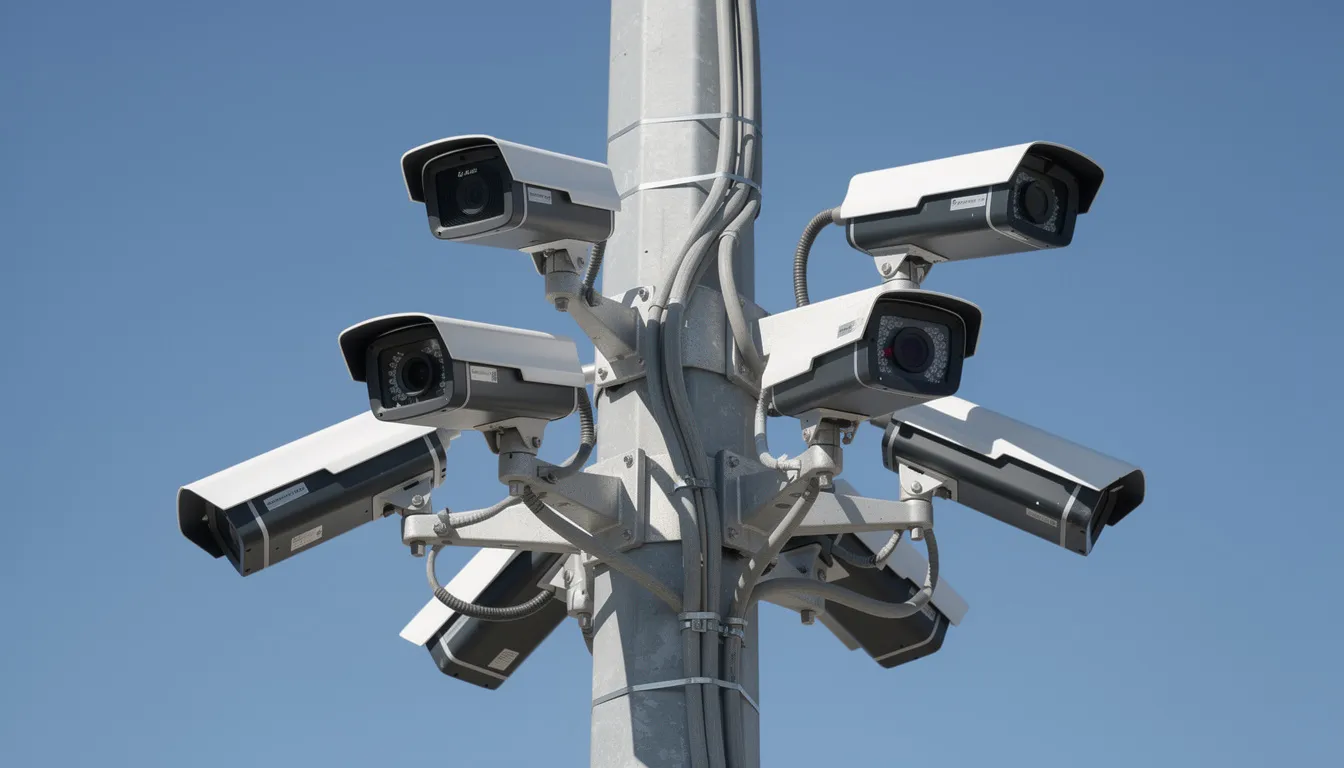 The image shows CCTV security cameras mounted on a pole against a clear blue sky, symbolizing the commitment to safety and protection in various environments, including event security services in Dubai. These cameras are part of a broader strategy to promote a secure environment and ensure the success of events through reliable security solutions.