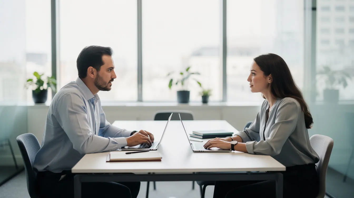 Deux professionnels discutent calmement dans un bureau moderne, illustrant l'importance de la communication pour gérer les conflits au travail. Leur échange met en avant un climat de confiance et de collaboration, essentiel pour la productivité et le bien-être au sein de l'équipe.