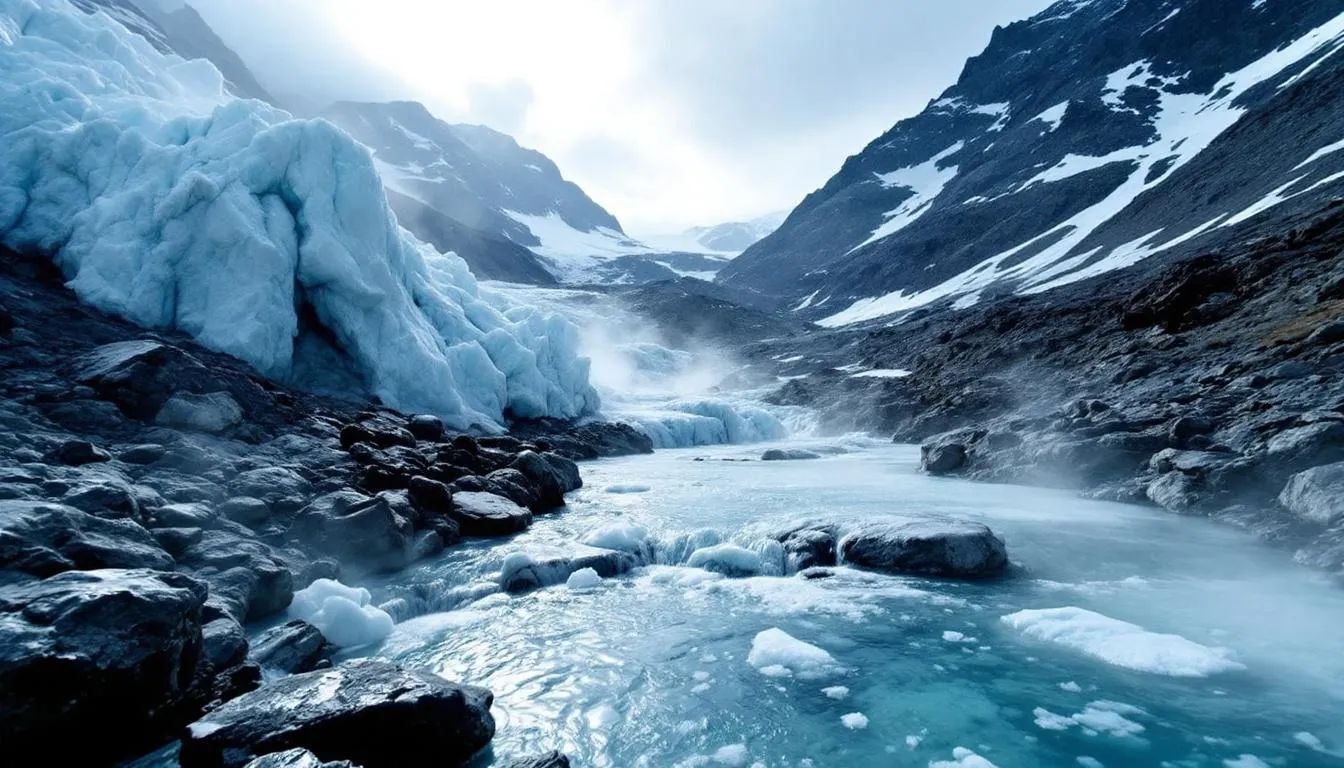 A breathtaking view of icy waters during cold plunge adventures from glaciers to hot springs.