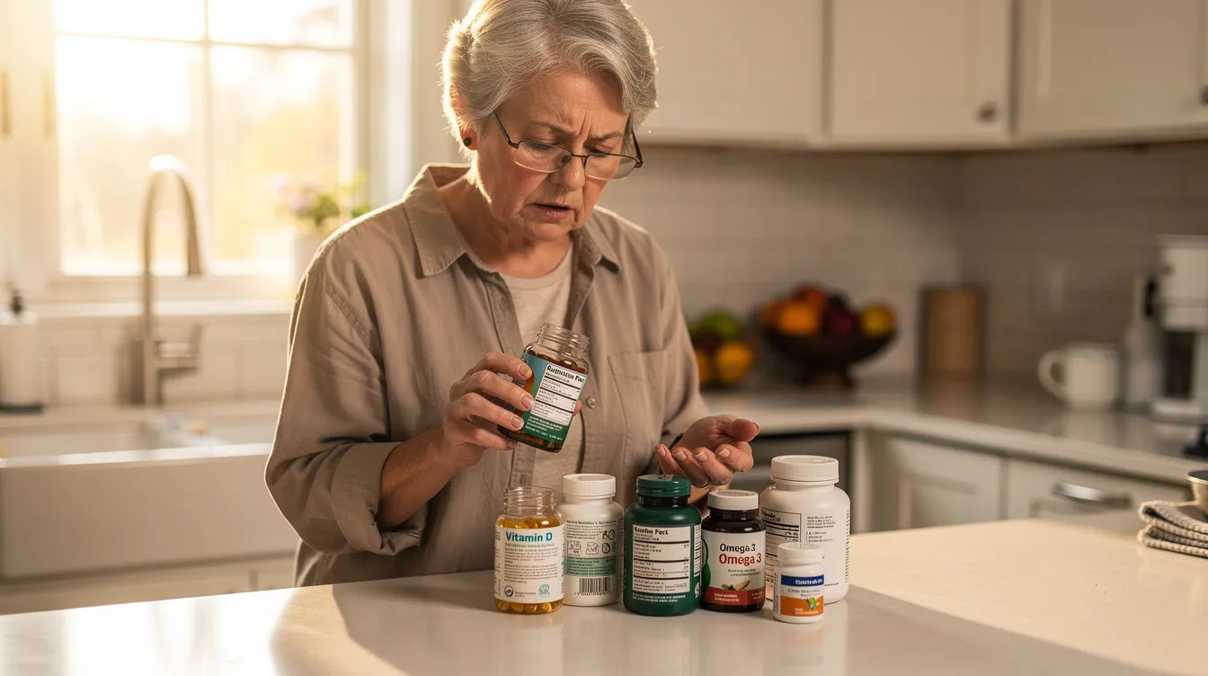 An older adult is seen reviewing various dietary supplement bottles on a kitchen counter, possibly considering options to combat chronic fatigue and support heart health. The assortment includes vitamins like vitamin D and vitamin C, along with fish oil and chia seeds, reflecting a focus on maintaining optimal health and energy levels.