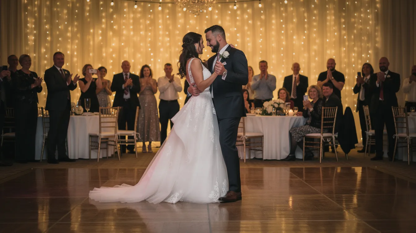 A wedding couple is sharing their first dance on the dance floor, surrounded by wedding guests who are watching and enjoying the moment. The atmosphere is filled with love and joy, as the couple sways to their chosen first dance song, creating a memorable highlight of the wedding reception.