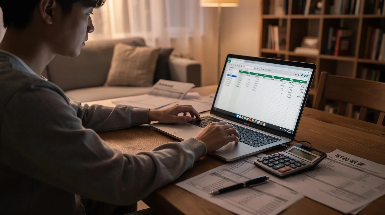 A young person is sitting at home with a laptop, organizing financial documents and reviewing their personal loan options. The scene reflects a focus on managing financial situations, possibly involving online loans and interest rates.