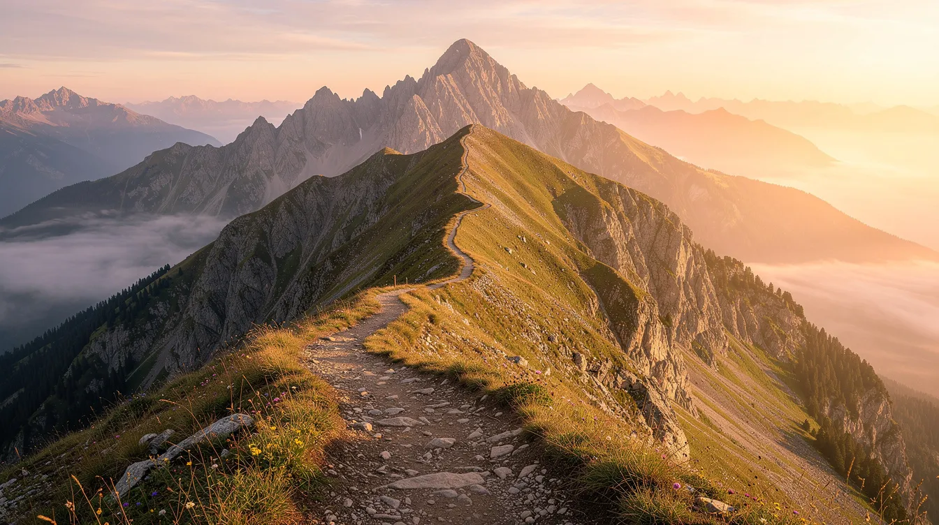 Das Bild zeigt eine atemberaubende Berglandschaft bei Sonnenaufgang, durch die sich ein gewundener Pfad nach oben schlängelt – ein Symbol für langfristiges Engagement und eine zielgerichtete Ausrichtung. Diese visuelle Darstellung spiegelt das Wesen des Zwecks und der Mission einer Marke wider und unterstreicht die Bedeutung eines klar definierten Markenzwecks für die Förderung der Kundentreue und den Aufbau sinnvoller Beziehungen.