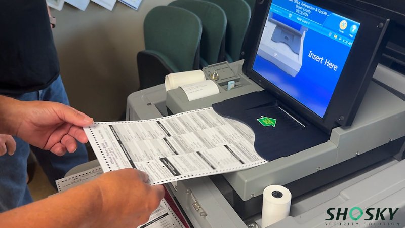 Secure voting machine shows tamper label protecting access to internal components