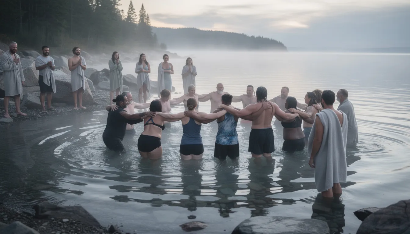 A group of people stands together, supporting each other as they prepare to enter cold natural water, emphasizing the community aspect of cold water immersion. This shared experience not only fosters camaraderie but also highlights the mental health benefits and potential immune system boosts associated with cold exposure.