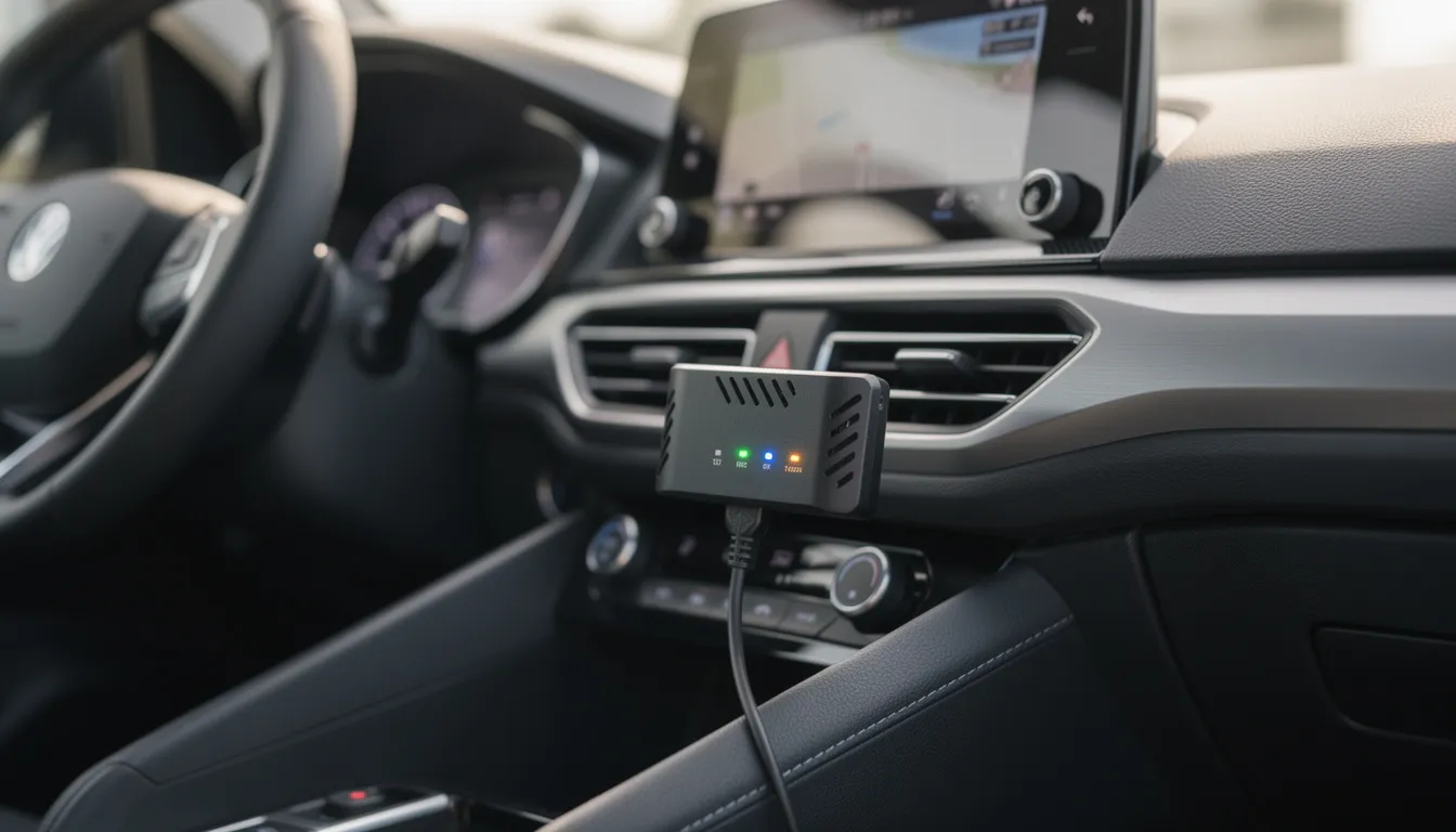 The image shows a vehicle's dashboard with a small telematics device securely mounted and powered on, featuring indicator lights that provide real-time data for fleet managers. This telematics system is connected to the vehicle's electrical system, enabling monitoring of fuel consumption and driving habits for enhanced operational efficiency.
