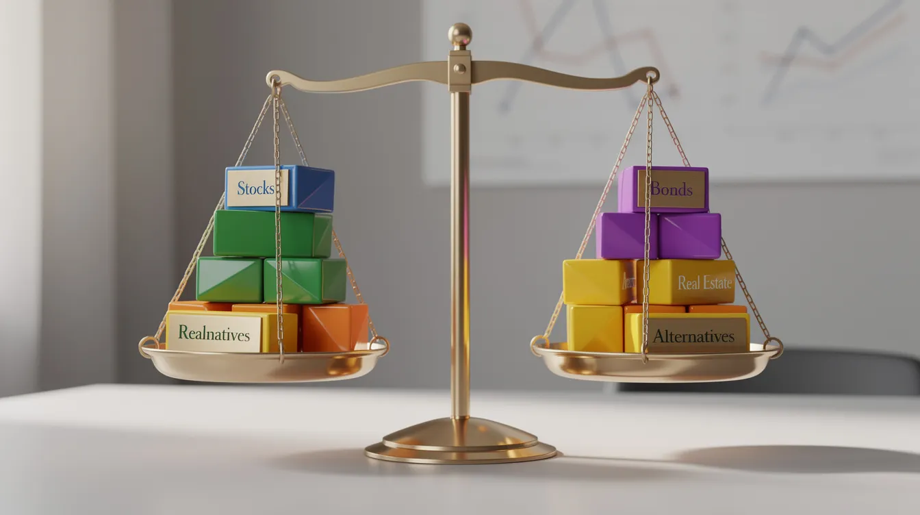 The image depicts a balanced scale with various colored blocks symbolizing different categories of diversified investments, illustrating the concept of asset allocation. This visual serves as a reminder for individuals to consult a financial advisor to create a personalized plan that aligns with their financial goals and future aspirations.