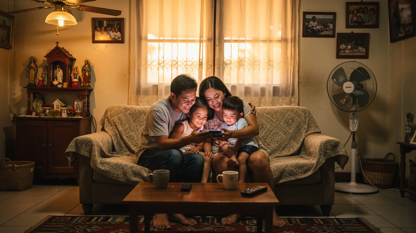 A joyful family in a cozy Philippine home is gathered around a smartphone, excitedly reacting to a notification about their eligible tax refunds. The warm domestic setting highlights the importance of digital financial services like the GCash app, which allows users to receive tax refunds instantly with just a few taps.