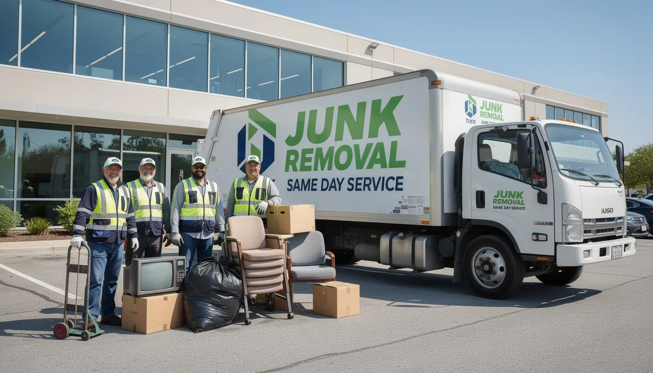 A professional junk removal truck is parked outside a commercial building, with crew members prepared to efficiently remove unwanted items and debris, ensuring responsible disposal and minimal disruption to business operations. The team is ready to provide transparent pricing and a free estimate for their commercial cleanout services.