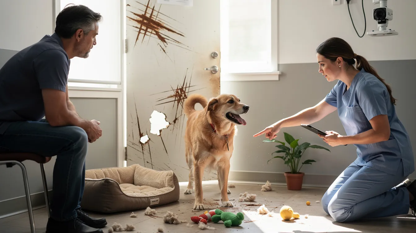 The image depicts a concerned dog sitting by the door, displaying signs of separation anxiety, such as excessive barking and anxious behavior, as it waits for its owner to return. The dog's body language indicates distress, emphasizing the emotional struggle many pet parents face with their furry friends when they develop separation anxiety.