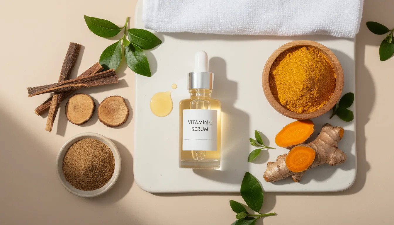 The image features an array of natural ingredients known for their skin brightening properties, including a bottle of vitamin C serum, licorice root, and turmeric. These ingredients are often used in topical creams to treat hyperpigmentation and improve skin tone, making them popular choices for addressing skin pigmentation disorders.