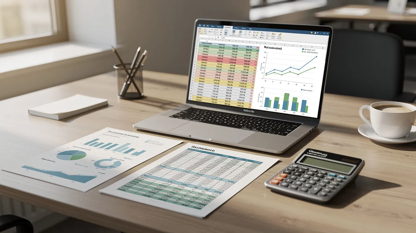a5ba03e7 9156 445a 8b2e 7bb222d0a504 The image depicts a professional workspace featuring financial documents, a calculator, and a laptop displaying spreadsheet projections related to a dairy project. This setup suggests a focus on financial planning and analysis, potentially for a dairy farm loan assessment or cash flow analysis in milk production.
