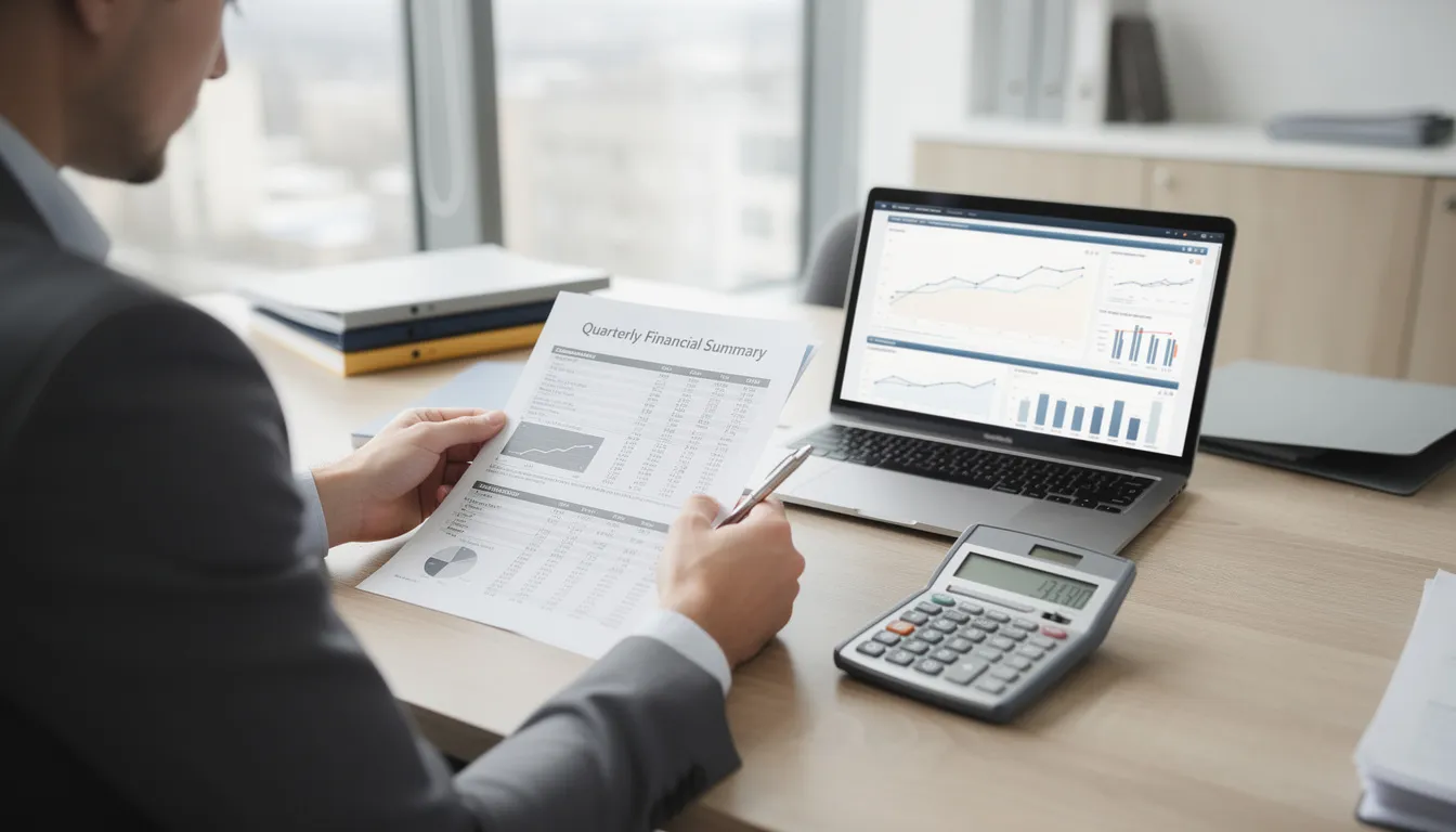 A business owner is seated at a desk, intently reviewing financial documents alongside a calculator and a laptop, assessing various aspects of business valuation such as future cash flows and market value. The scene reflects a focused financial analysis, crucial for understanding net present value and making informed decisions about the company's equity and capital structure.