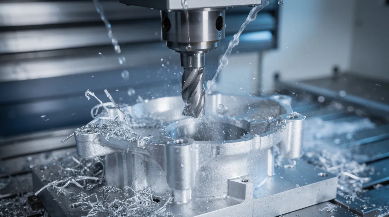 A close-up view of a multi-axis CNC machining center in action, cutting an aluminum part while coolant flows over the cutting tool to enhance precision and reduce heat during the CNC machining process. This modern CNC machine utilizes computer numerical control technology to achieve high precision in manufacturing complex geometries.