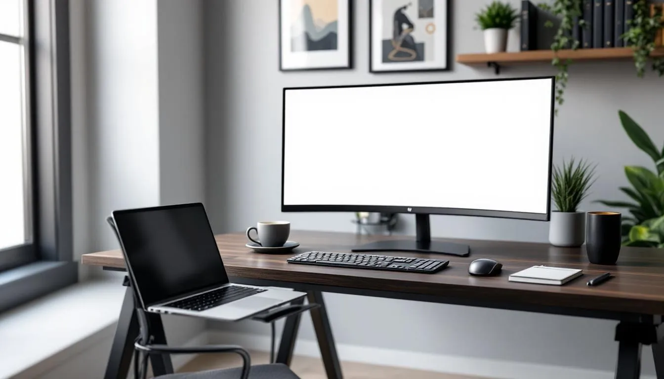 In the image, a modern workspace is depicted, featuring a sleek desk with a computer, notepads, and a coffee mug, creating an inviting environment for a sales team focused on lead generation. The setup emphasizes a productive atmosphere, essential for optimizing your website to generate high-quality leads for your business.