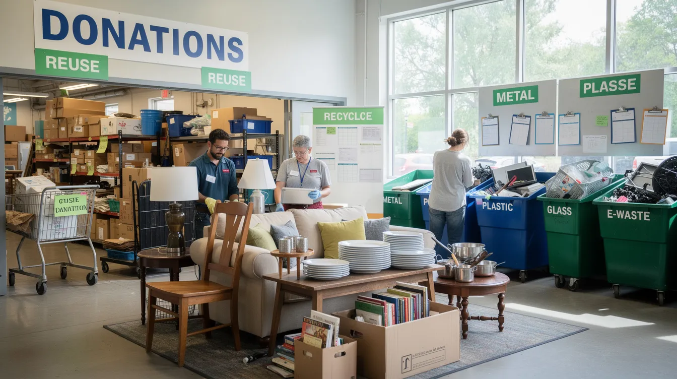 The image depicts a team sorting through reusable furniture and household items, preparing them for donation and recycling. This process emphasizes responsible disposal practices and highlights the importance of decluttering while delivering exceptional service in a timely manner.