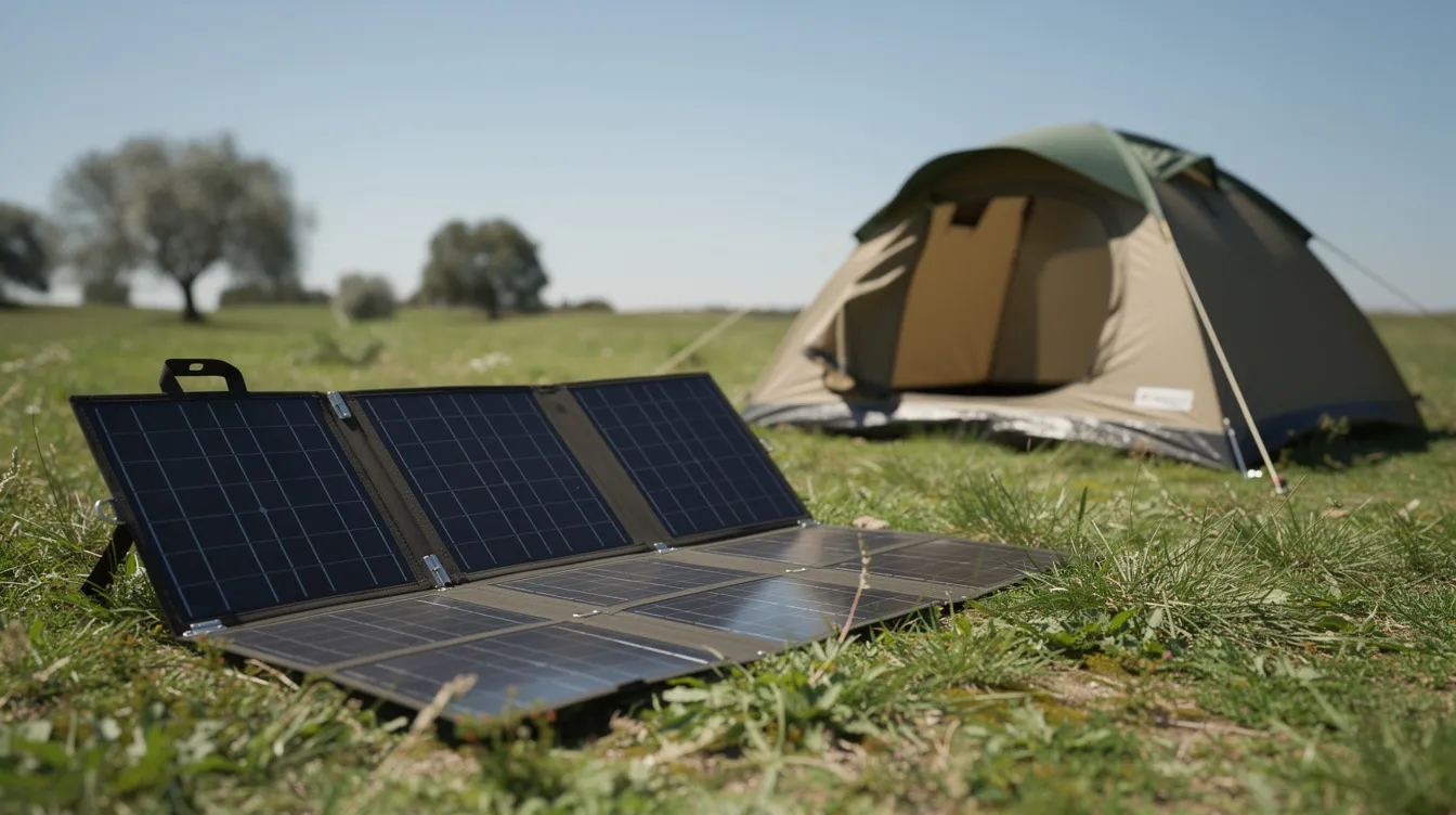 A foldable solar panel is spread open on lush green grass beside a camping tent, basking in bright sunlight, showcasing a portable solar power system ideal for off-grid living and embracing renewable energy. This setup highlights the convenience of solar panel kits for outdoor adventures and backup power needs.