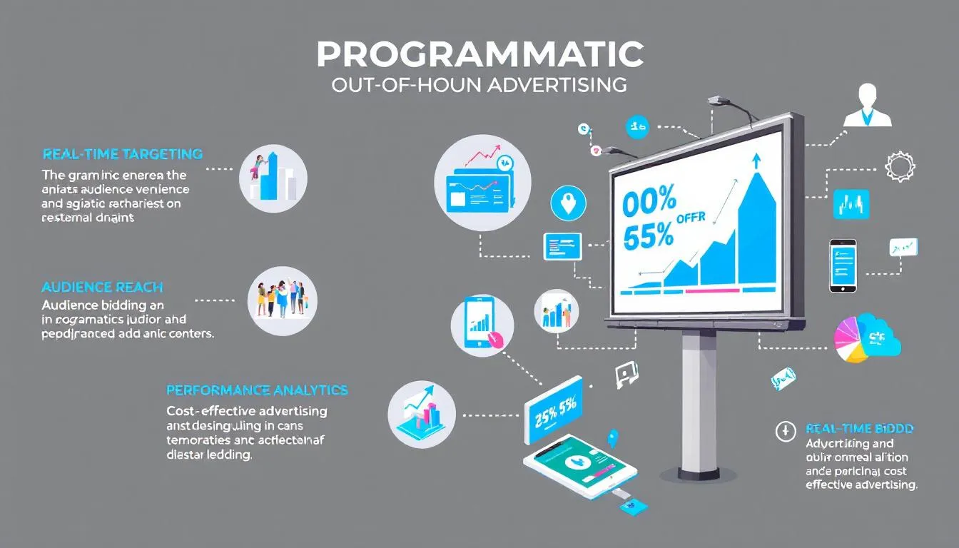 The image illustrates the concept of programmatic out of home advertising, showcasing digital billboards displaying various ads targeted at specific audiences in different locations. This method enables advertisers to deliver multiple advertising impressions through automated buying processes and real-time optimization, enhancing their advertising efforts in the physical world.