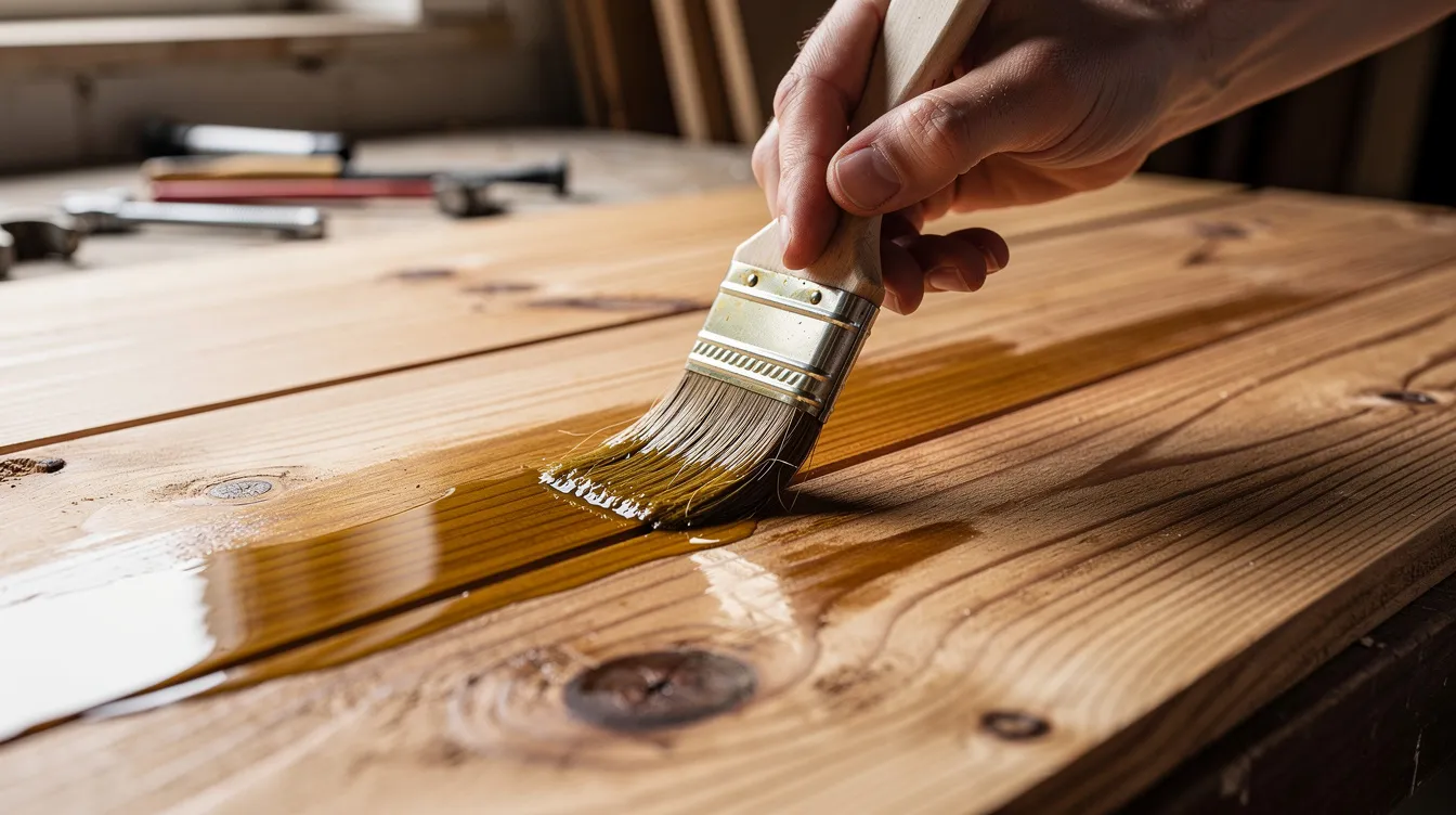 Na obrazie widoczna jest osoba, która starannie nakłada olej na drewniane deski przy użyciu pędzla, dbając o naturalną strukturę drewna oraz jego estetyczny wygląd. Proces impregnacji drewna zapewnia skuteczną ochronę przed zmiennymi warunkami atmosferycznymi i promieniowaniem UV.