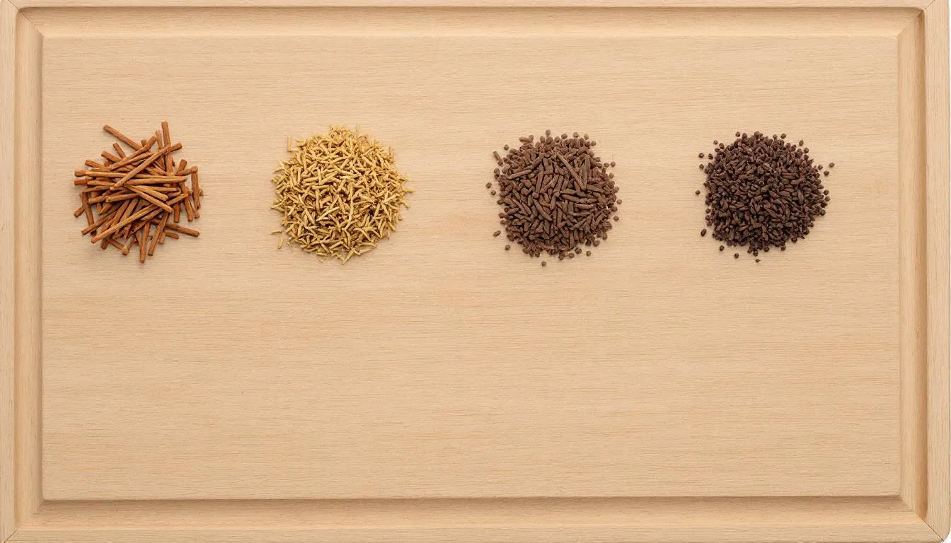 Auf einem Holzbrett sind verschiedene Arten von Räucherstäbchen aus unterschiedlichen Kulturen angeordnet, darunter Palo Santo und Nag Champa, die jeweils ihre eigenen einzigartigen Duftnoten und Eigenschaften haben. Die Anordnung zeigt die Vielfalt des Räucherwerks und vermittelt ein Gefühl von Natur und Atmosphäre, ideal zum Entspannen und Wohlfühlen in der Wohnung.