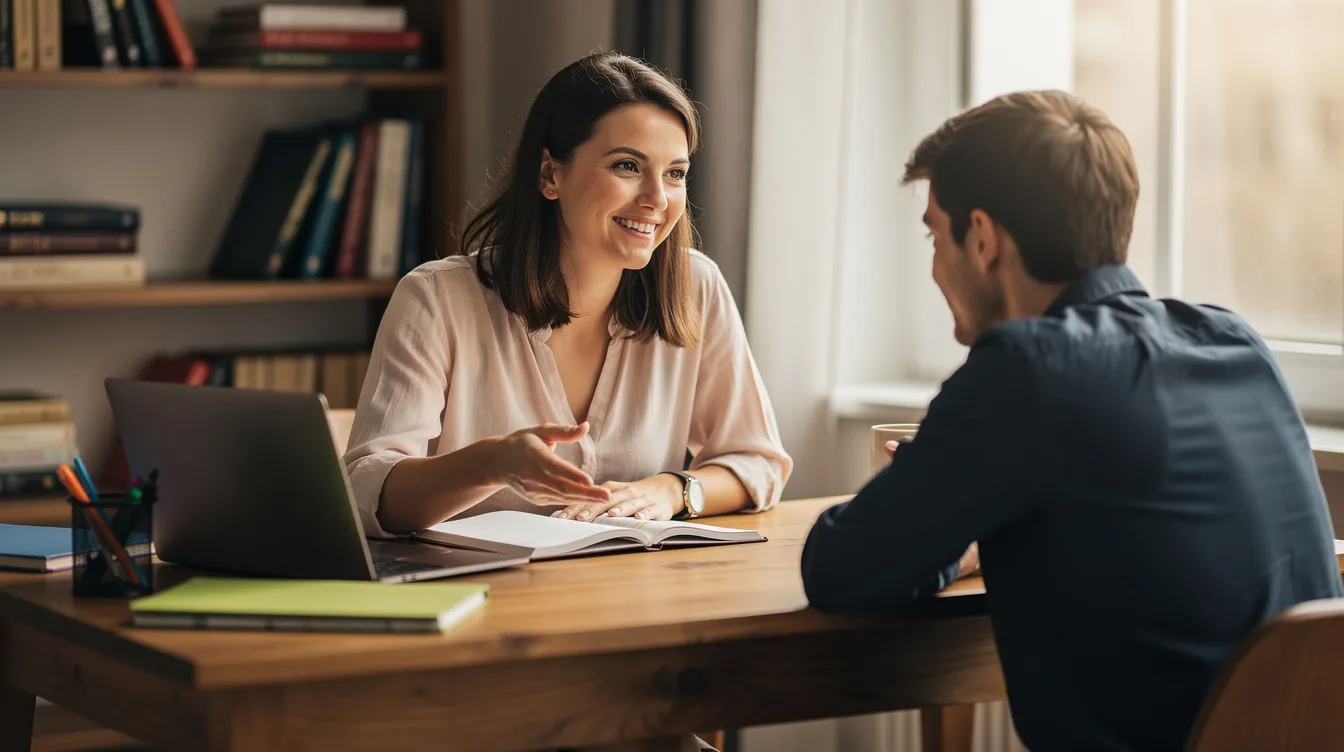 Bir öğretmen, online özel ders vermek için bilgisayar başında gülümseyerek ders anlatıyor. Öğrenciyle bire bir etkileşim içinde, dersin keyifli ve etkili geçtiği anlaşılıyor.