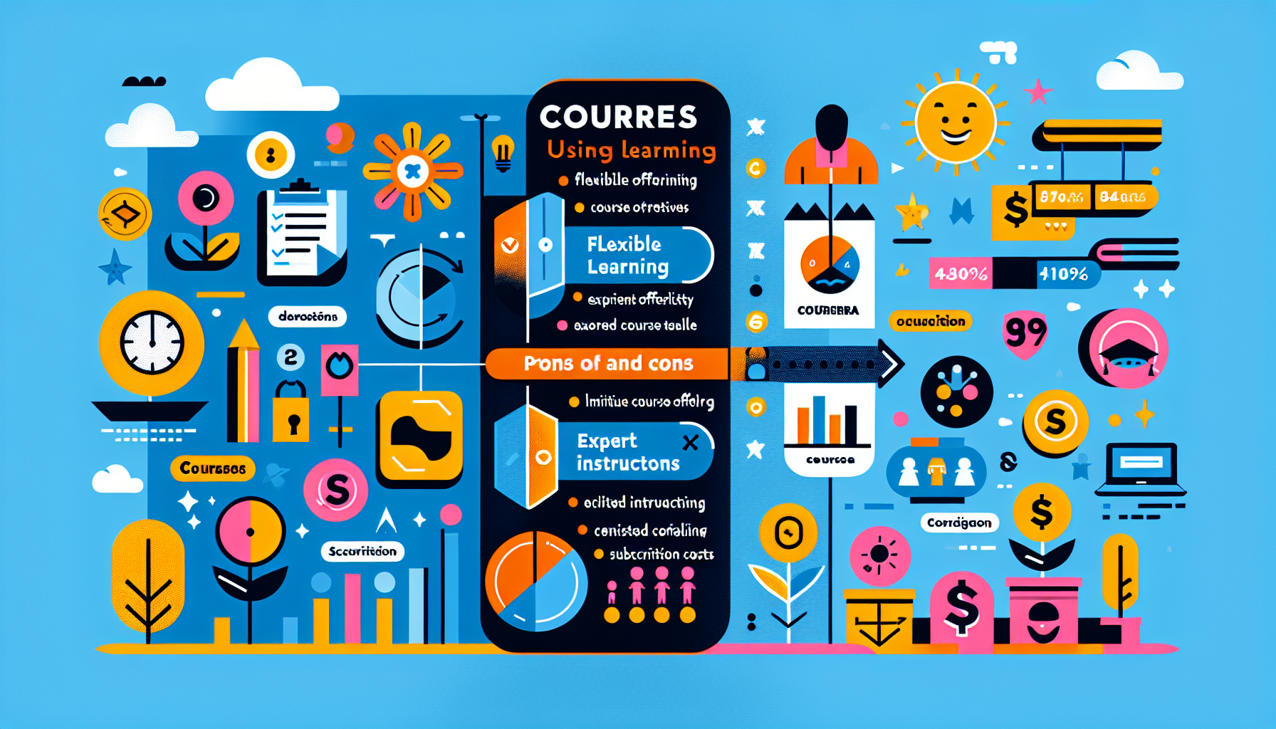 A balanced infographic showing the pros and cons of using Coursera for online learning.