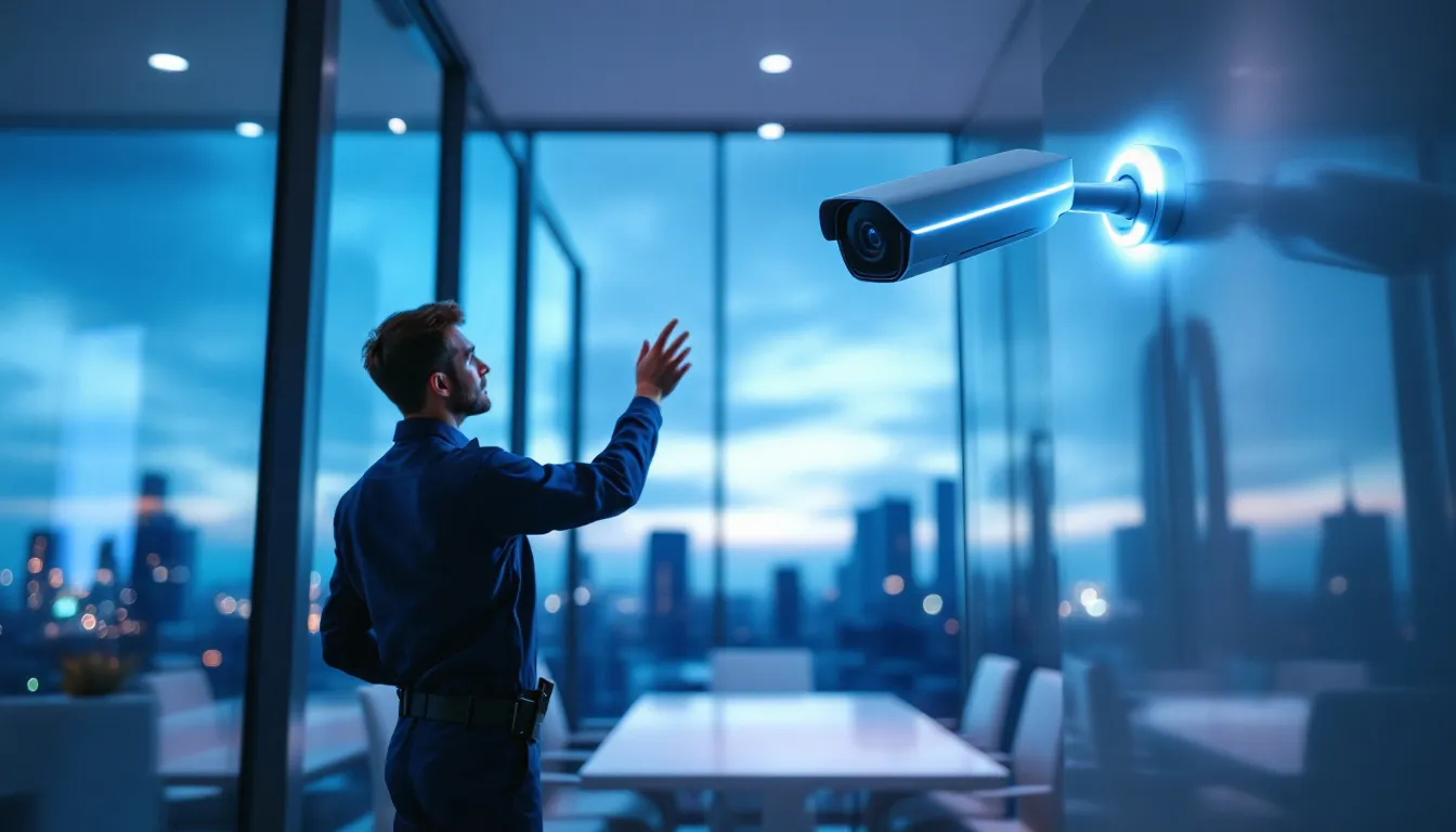 A technician installing a CCTV system for security purposes.