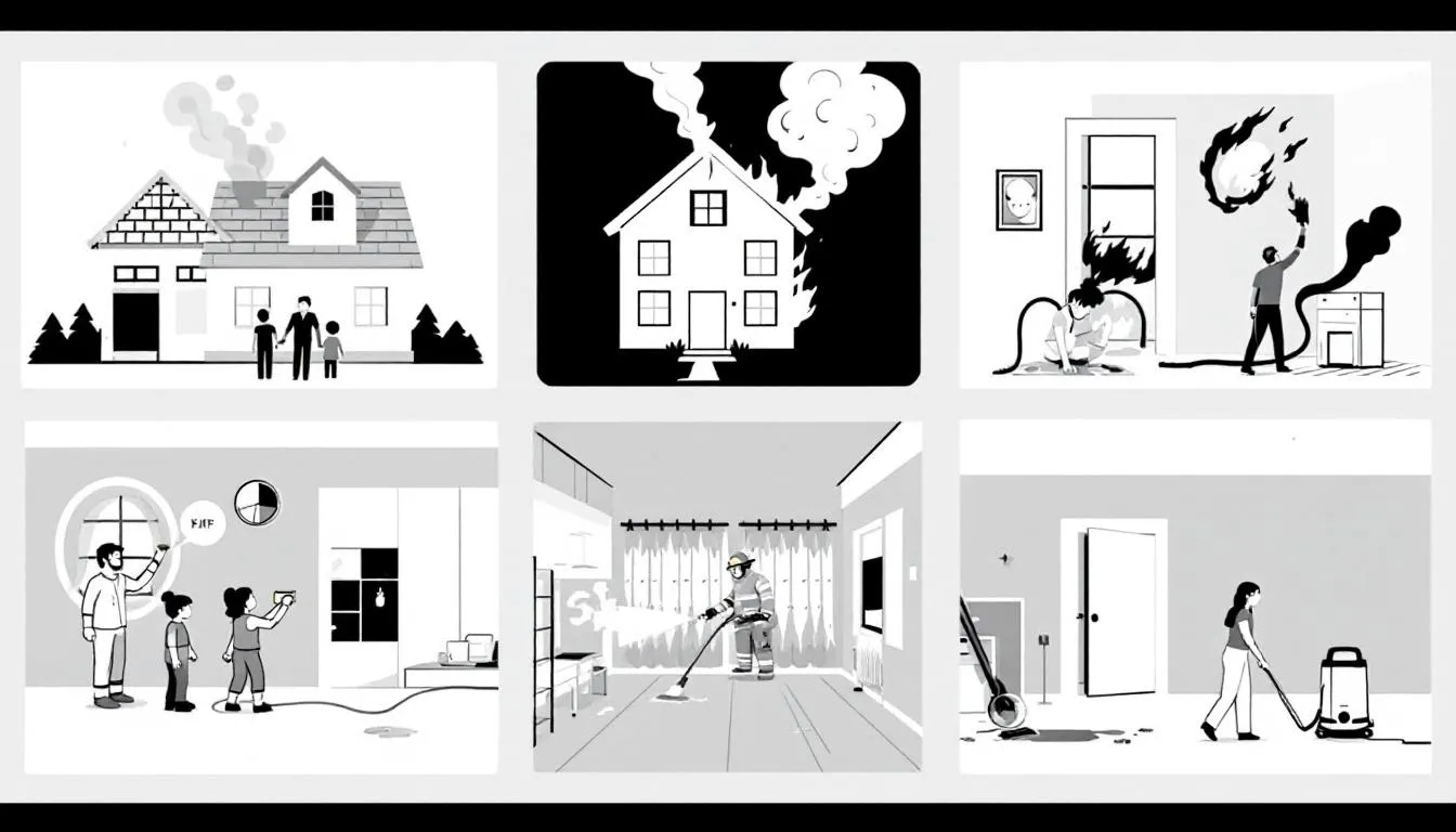 Immediate steps after a fire incident including smoke and water damage cleanup.