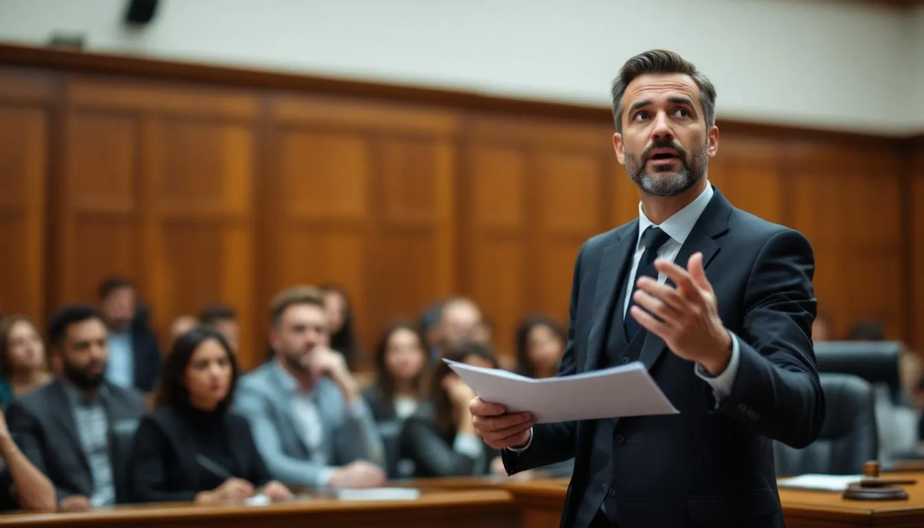 A lawyer stands confidently at a podium, discussing the complexities of aggravated DUI charges, emphasizing the serious offense of repeat offenders facing felony aggravated DUI convictions. The lawyer gestures towards a presentation outlining the legal consequences and aggravating factors that can lead to harsher penalties for those with prior DUI convictions.