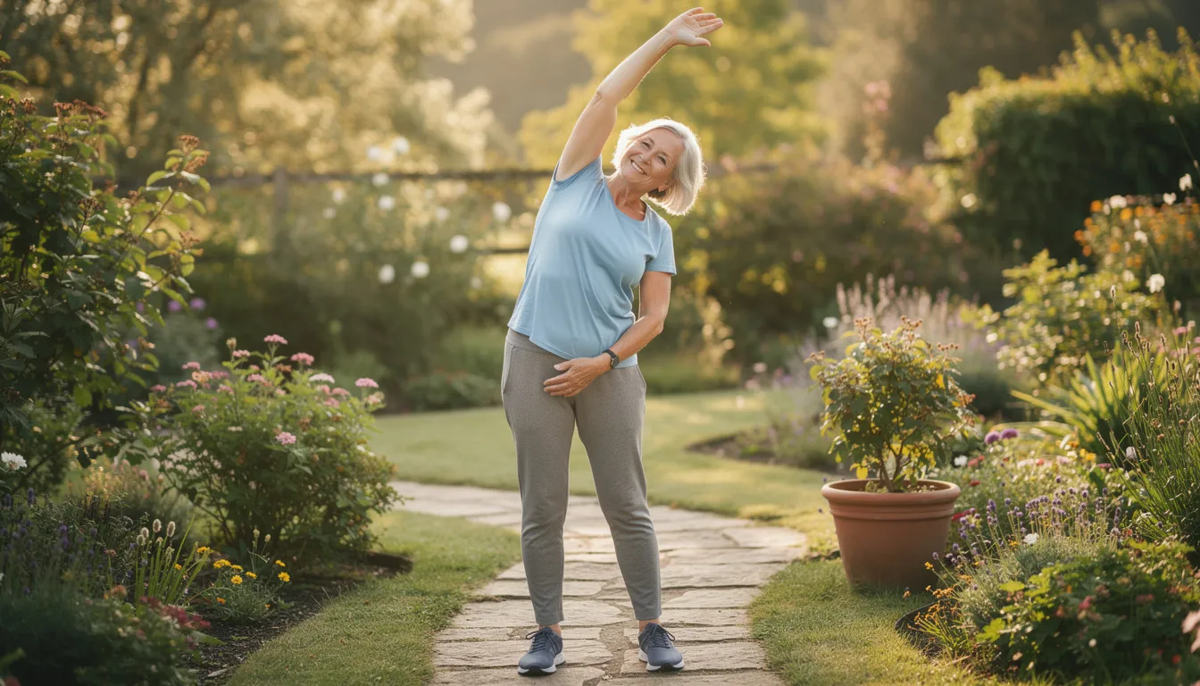 An active older adult is seen stretching comfortably in a lush garden, surrounded by vibrant greenery. This serene setting promotes relaxation and wellness, akin to the benefits of infrared sauna therapy for joint pain relief and improved blood flow.