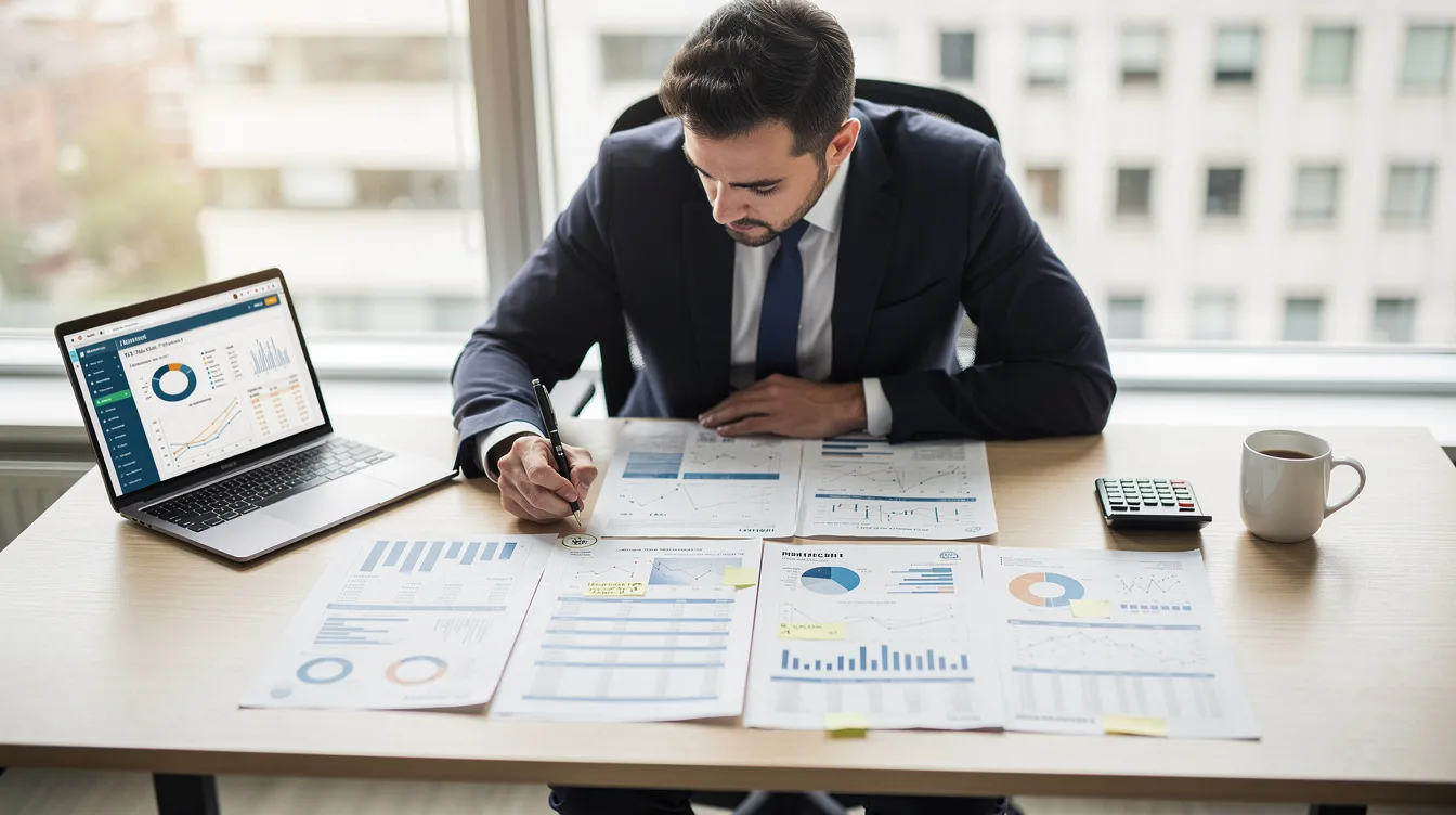 A business owner is seated at a desk, intently comparing various financial documents, including bank statements and financial statements, to evaluate different funding options such as traditional business loans and merchant cash advances. The scene highlights the importance of understanding cash flow and repayment terms for small business owners seeking to optimize their business revenue.