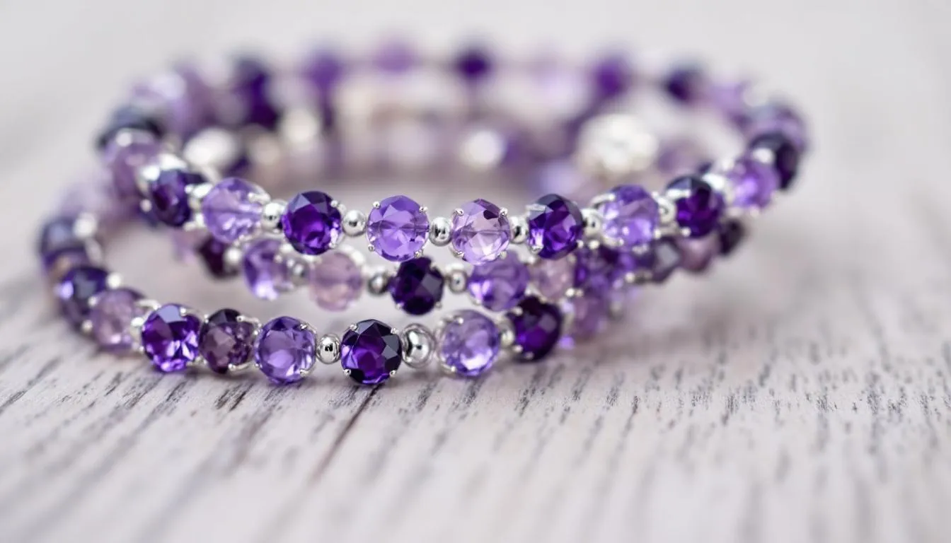 A collection of elegant amethyst bracelets is displayed, showcasing their deep purple hues and unique gemstone characteristics. These beautiful pieces of jewellery offer a calming aesthetic, perfect for anyone looking to add a touch of meditative elegance to their accessory collection.