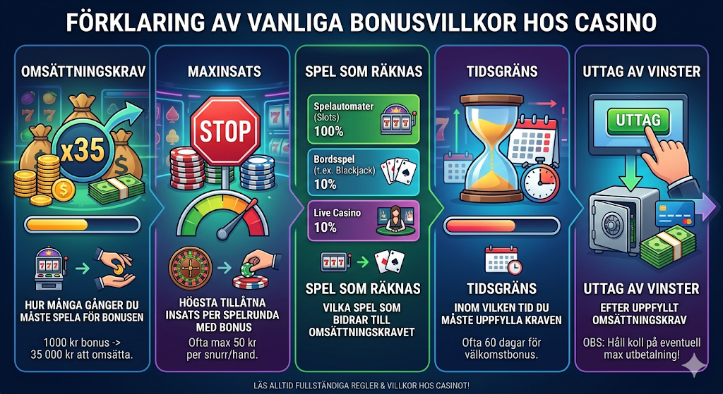 Casinobonus villkor – omsättningskrav, maxinsats, spel som räknas och uttag av vinster på casino