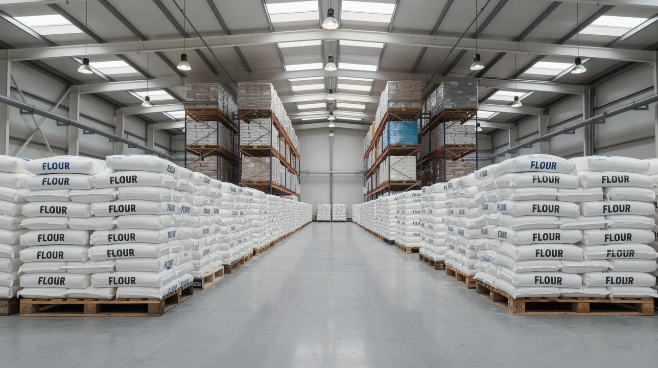 a5d039d7 d142 4aa7 9998 213376d7abb5 The image shows neatly stacked bags of flour inside a clean industrial warehouse, highlighting the organized environment of a flour mill plant. This setting emphasizes the importance of quality control and efficient operations in flour production, showcasing the finished flour ready for food manufacturers and various baked goods.