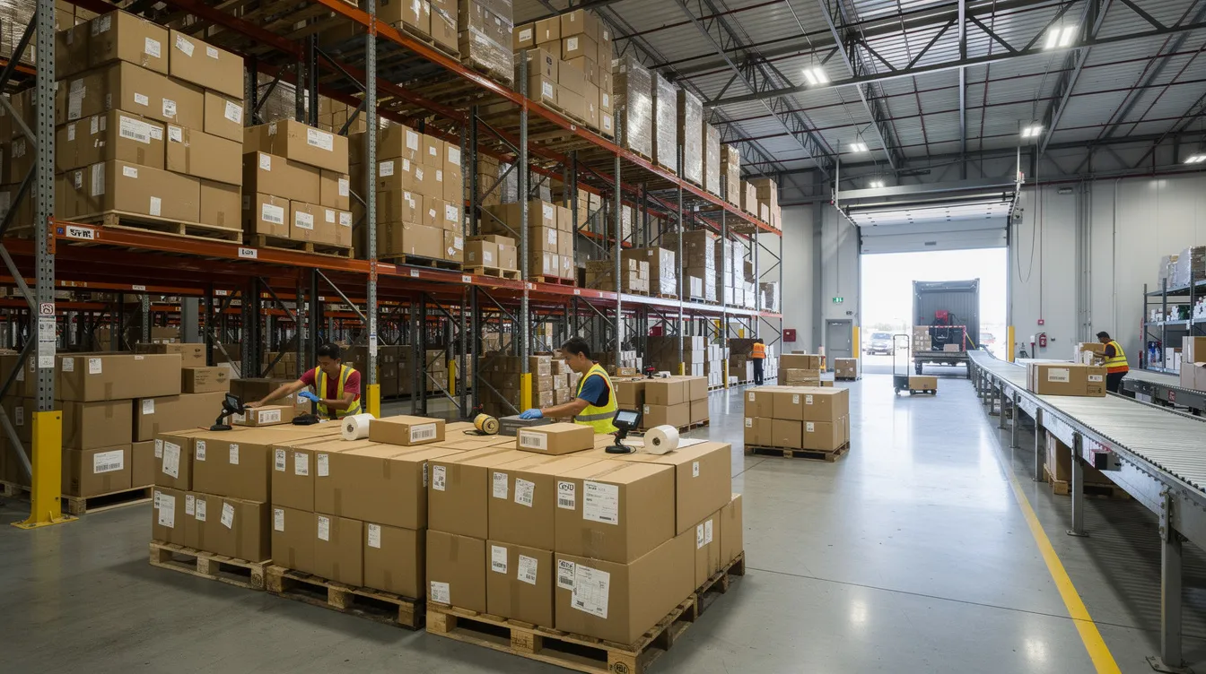 Das Bild zeigt ein geschäftiges Lager mit ordentlich gestapelten Versandkartons, die für die Auslieferung im Rahmen eines Dropshipping-Geschäfts bereitstehen. Man sieht Arbeiter, die Bestellungen für einen Online-Shop vorbereiten. Dies unterstreicht den Erfüllungsprozess und die effiziente Auftragsabwicklung, die für die Kundenzufriedenheit unerlässlich sind.