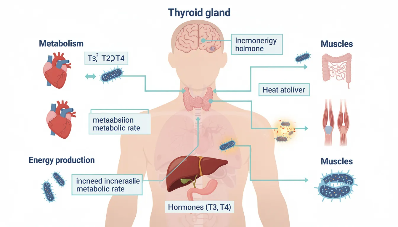 The diagram illustrates the thyroid gland's role in regulating metabolism and energy production, highlighting its importance for healthy thyroid function. It visually connects the gland to various factors such as iodine and metabolic rate, emphasizing the significance of maintaining a balanced body for overall well-being.